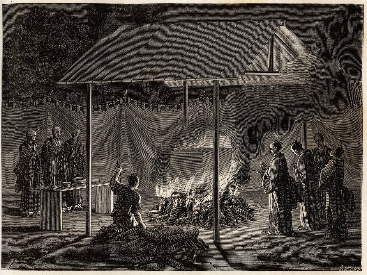 Begravelsesseremonier: rituell forbrenning. Gravering for å illustrere reisen til Japan i 1863-1864, av Aime Humbert, minister for det sveitsiske konføderasjonen, i "Le tour du monde, nouveau journal des voyages", utgitt under ledelse av Edouard Charton av Unknown artist
