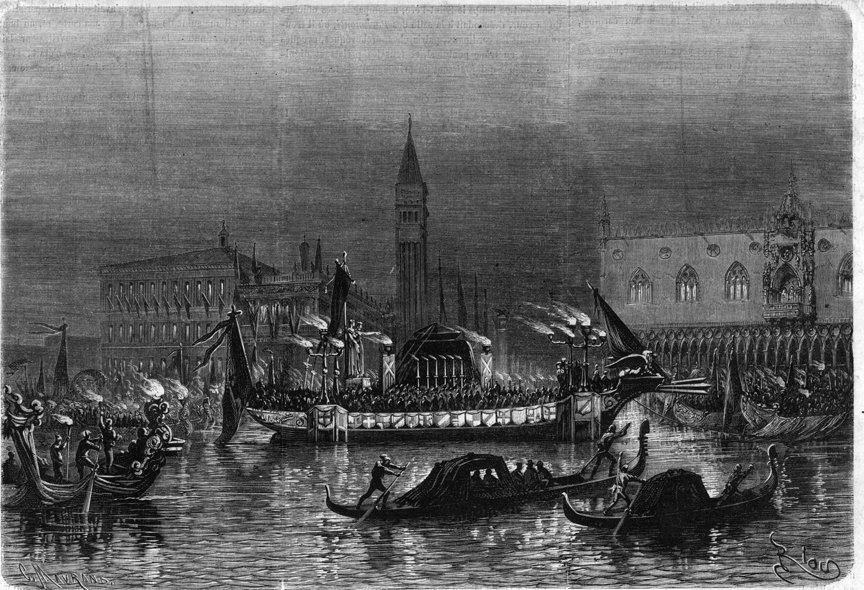Begravelse til Daniele Manin (1804-1857), som deltok i Risorgimento, i Venezia: likgondolen som frakter asken mot St. Zacharia-kirken passerer foran det kongelige palasset. Gravering i "" The Illustrious Universe"" av Unknown artist