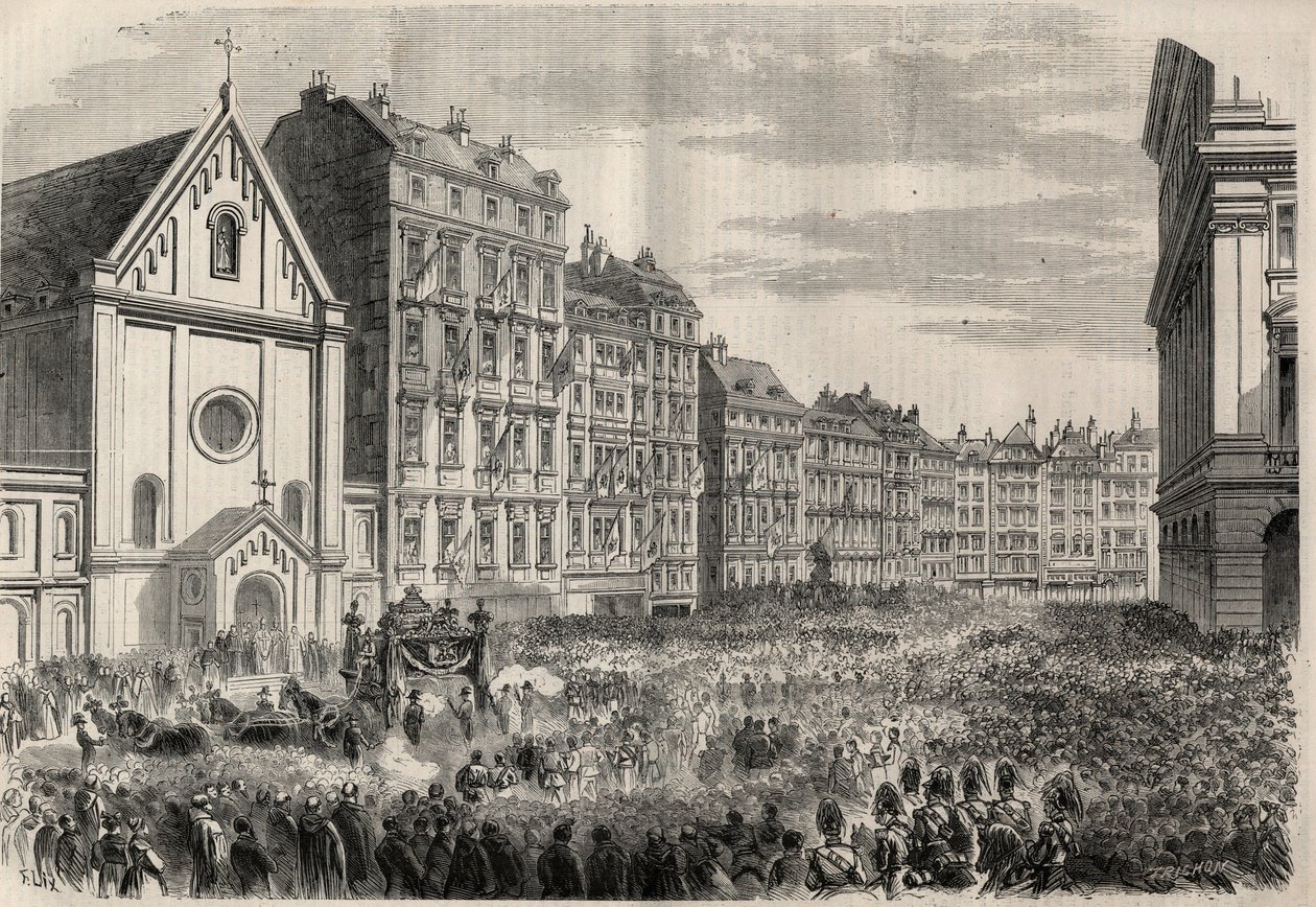 Begravelse til keiser Maximilian I av Mexico (1832-1867): ankomst av begravelsescortesjen foran Capuchins Church of Vienna. Gravering i "" L