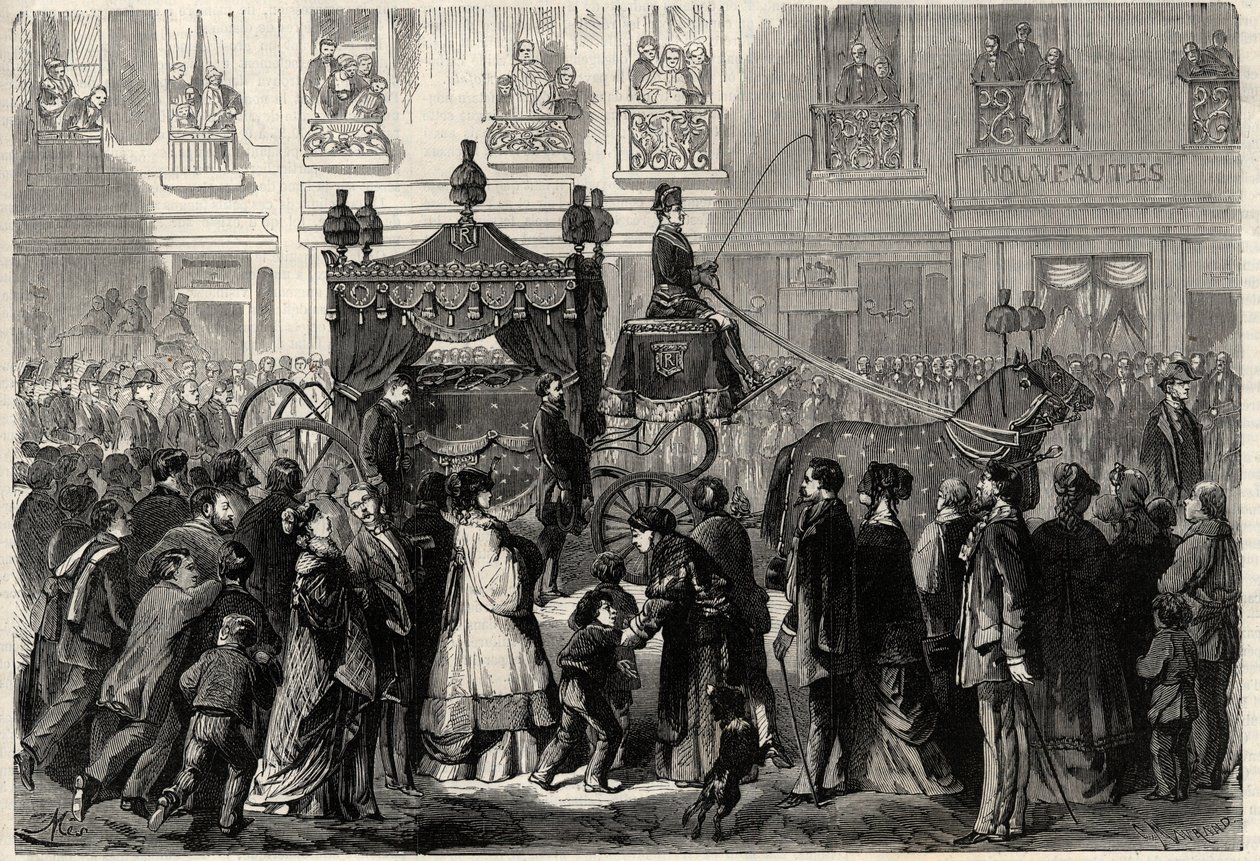 Funerary Cortege under obseques av Gioacchino (Gioachino) Rossini (1799-1868) i Paris. Gravering i "The Universe illustrious" av Unknown artist