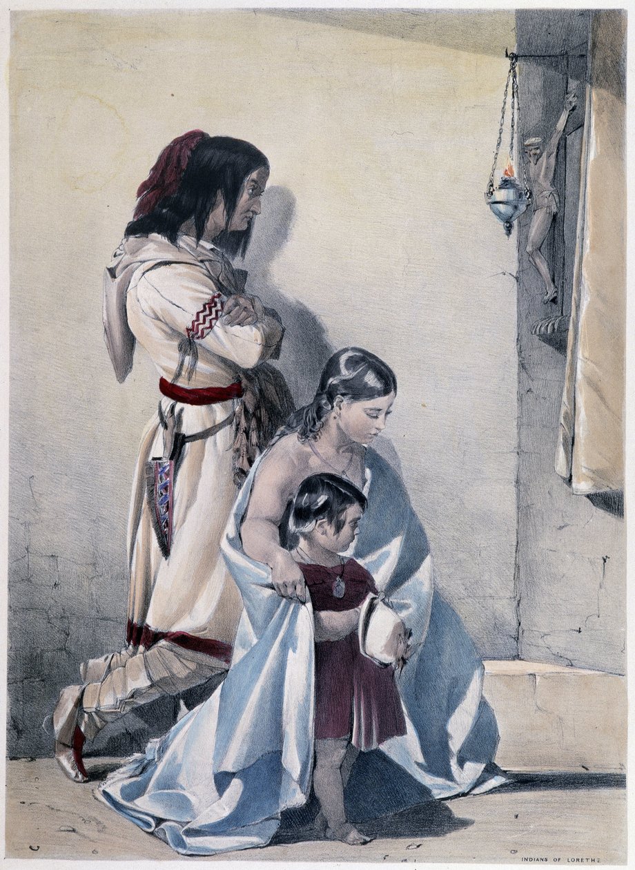 Pelsbytte for stoff mellom kanadiske Huron-indianere og hvit mann - i "" Shyths sketcher in the Canadas"" av Coke Smyth, London av Unknown artist