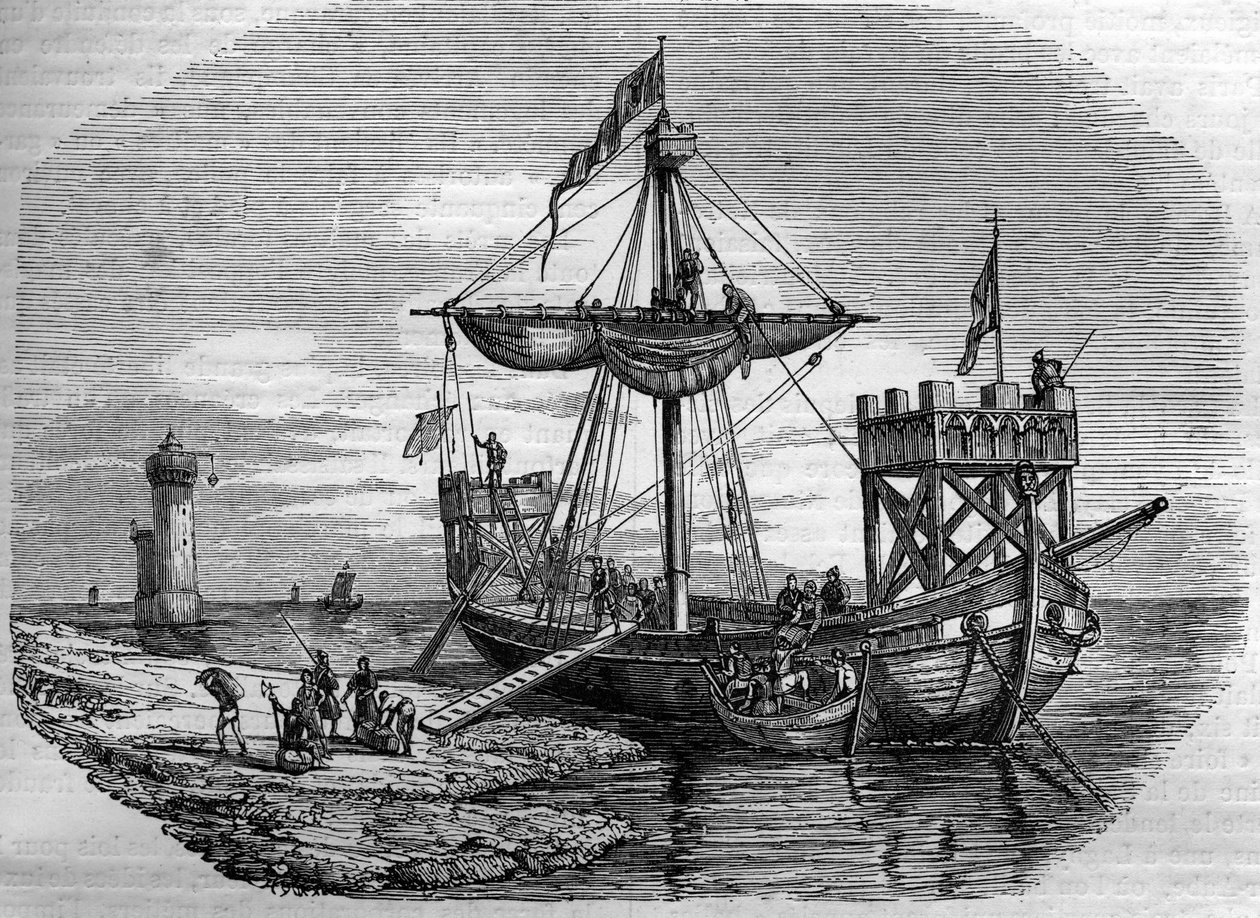 Galere i middelalderen. 1800-talls gravering. av Unknown artist