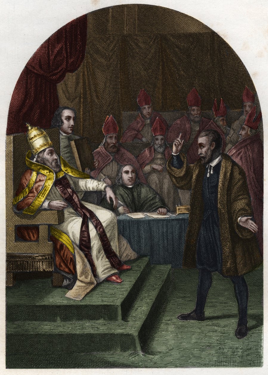 Galilee (or Galileo Galilei (1564-1642) before Pope Urban VIII in 1633. (Urbano 8 Maffeo Barberini) Engraving of 1842 in “Histoire des popes”” by Maurice Lachatre. Private collection. av Unknown artist