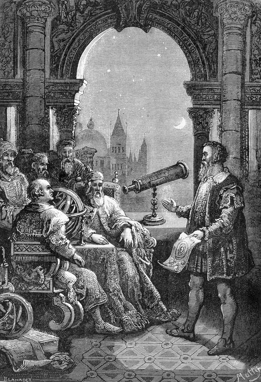 Galileo Galilei (Galileo) presenterer den første astronomiske rammen ved Doge of Venezia. av Unknown artist