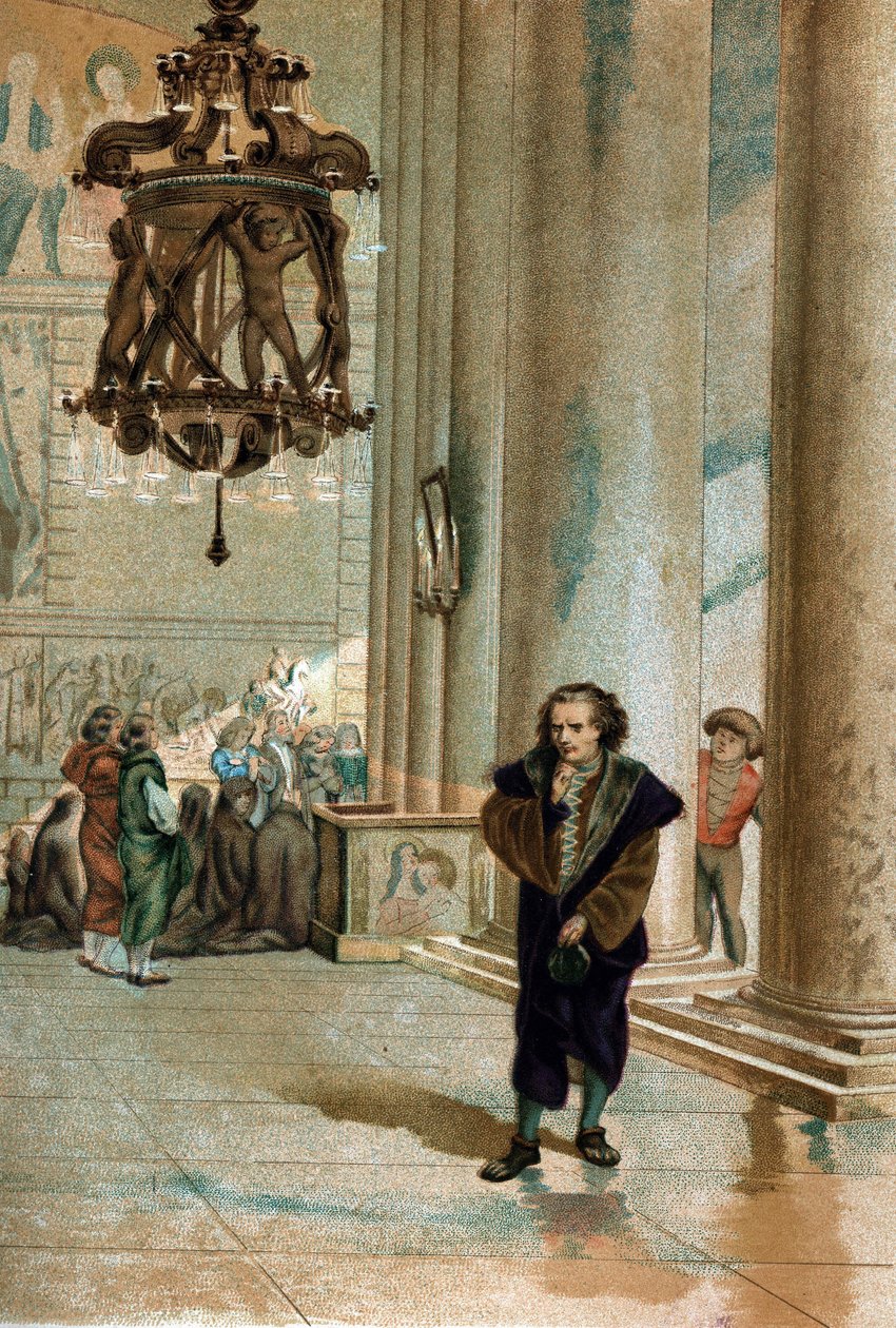 Galileo Galilei dit Galileo (1564 - 1642).observing the oscillation of the lamp of the Cathedral of Pisa. from” La Ciencia y sus Hombres by Louis Figuier”” Barcelona 1881 av Unknown artist