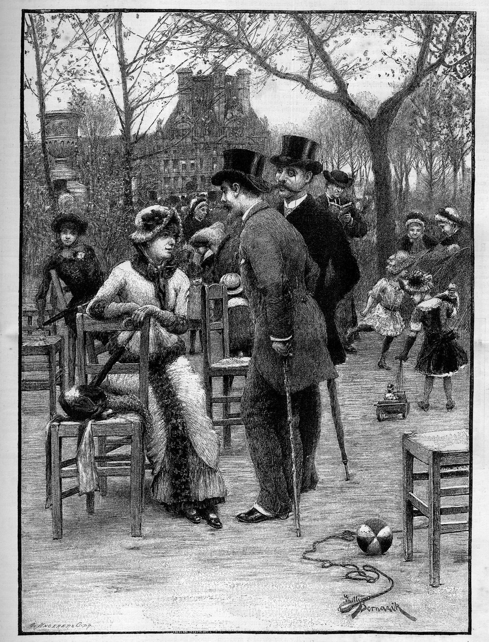Galant samtale mellom to menn og en ung kvinne, alle veldig elegante, i Tuileries Garden i Paris om sommeren. Gravering i "" Le Monde Illustré"" av Unknown artist