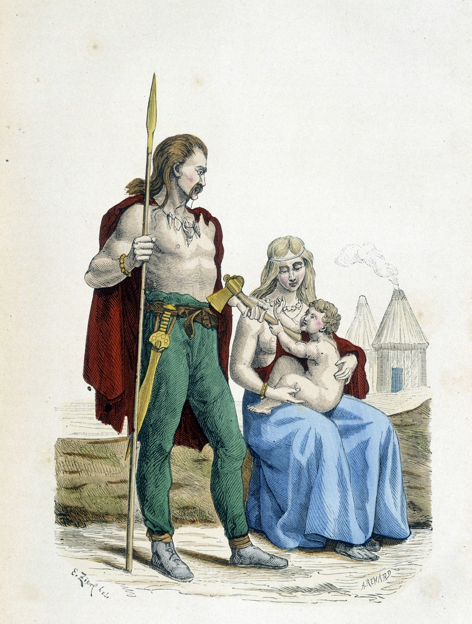 Gallisk familie av primitive tider - i "" Costumes de Paris gjennom århundrene"" av Unknown artist