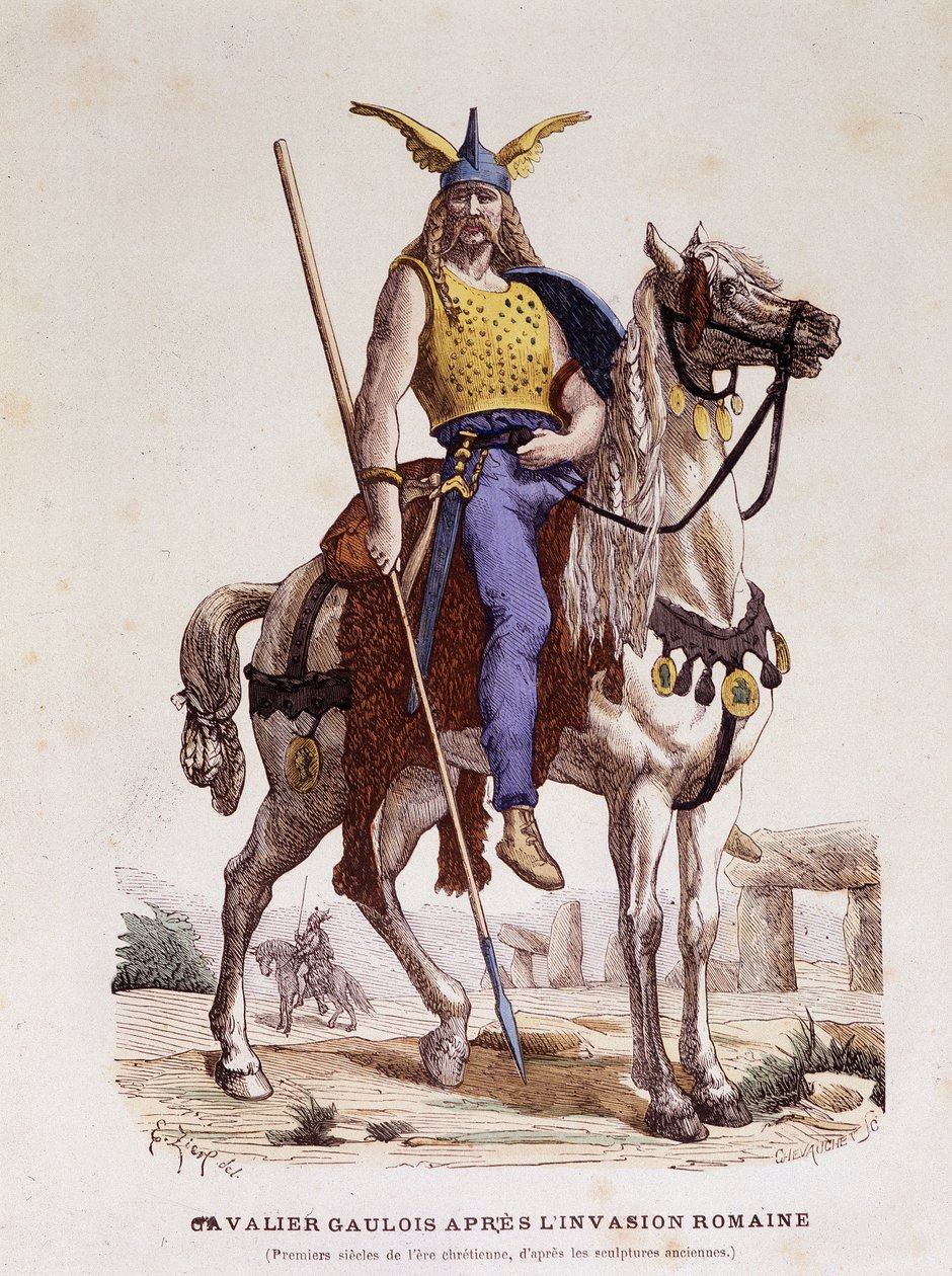 Gallisk rytter etter den romerske invasjonen - i "" Costumes de Paris gjennom århundrene"" av Unknown artist