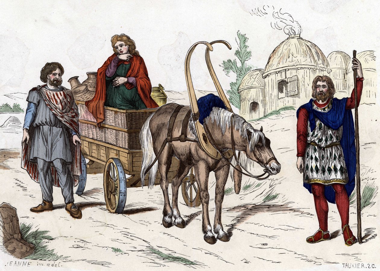 Gallic housing, woman, peasant, chariot, rich farmer, harness - in “” Les Costumes civil et militaires des Français dans travers les siècles Paris F. Roy 1882””. av Unknown artist