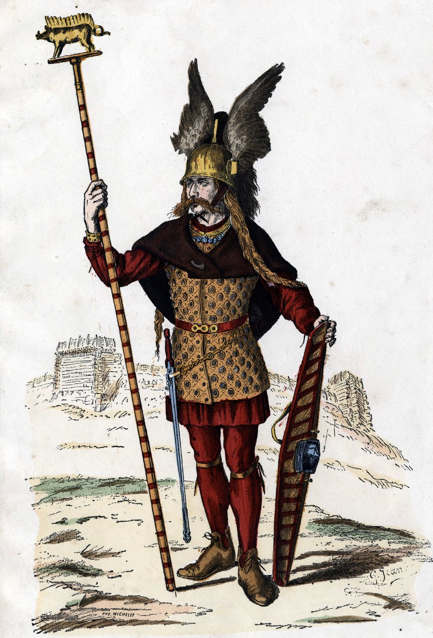 Gallic leader bearing the sign of war - in “The Civil and Military Costumes of the French through the centuries Paris F. Roy 1882”. av Unknown artist