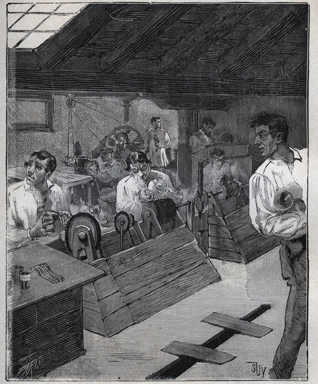 Galvanisk forgylling: skrape-boessage av gullsmykker med en skrape-boesse. Gravering fra 1885 i "" Les arts et metiers illustres"" av Adolphe BITARD. av Unknown artist