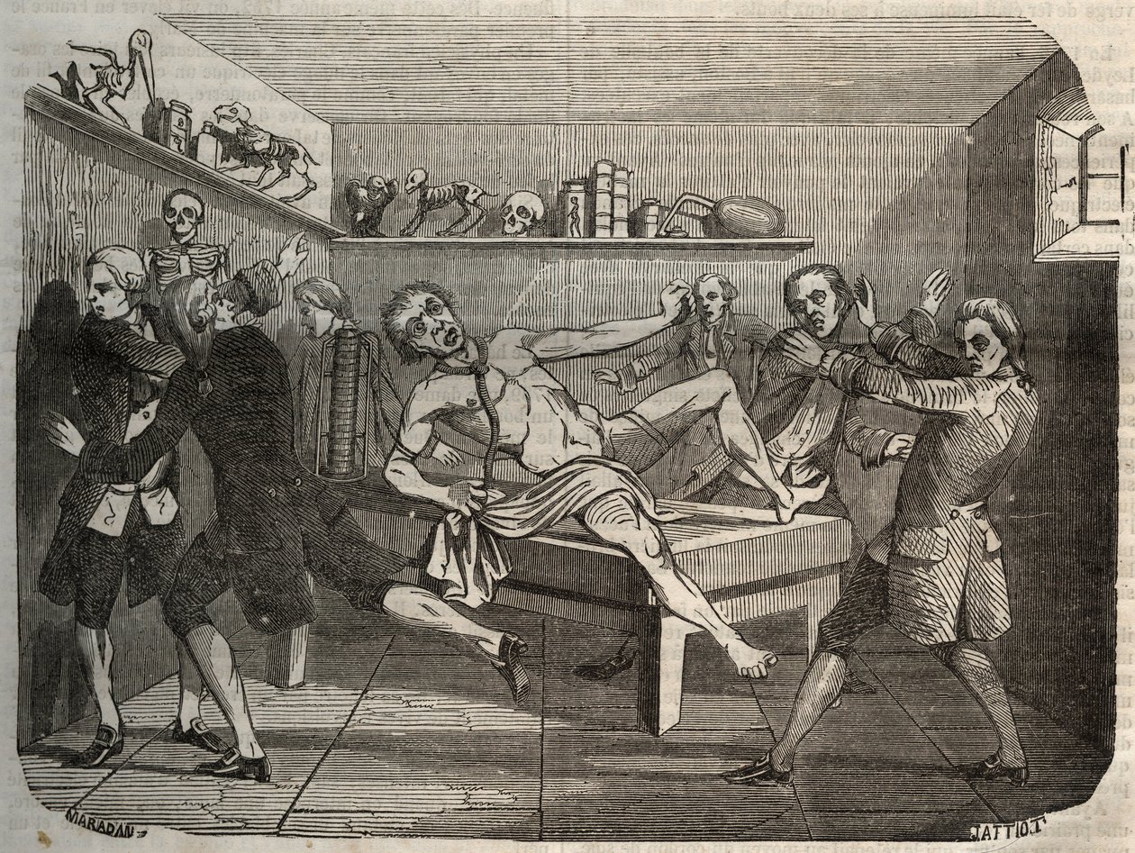Galvanisering av liket av en bøddel med haugen til Alessandro (Alexandre) Volta: under påvirkning av elektrisitet ser det ut til at liket kommer til live igjen. Gravering fra 1856 i "" Le Musee Des Sciences"" av Unknown artist