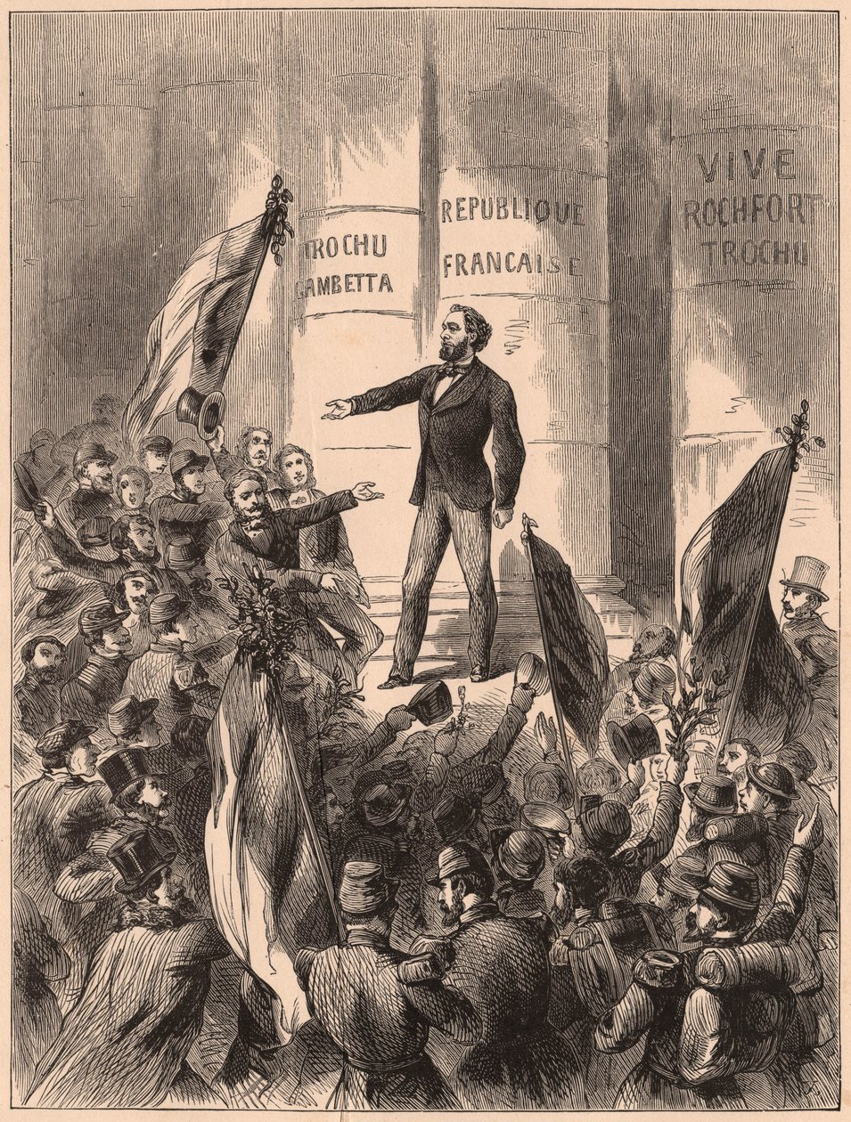 Gambetta, på trappene til Hotel de Ville i Paris, utropte republikken etter fangsten av Napoleon III i slaget ved Sedan i den fransk-prøyssiske krigen i 1870 av Unknown