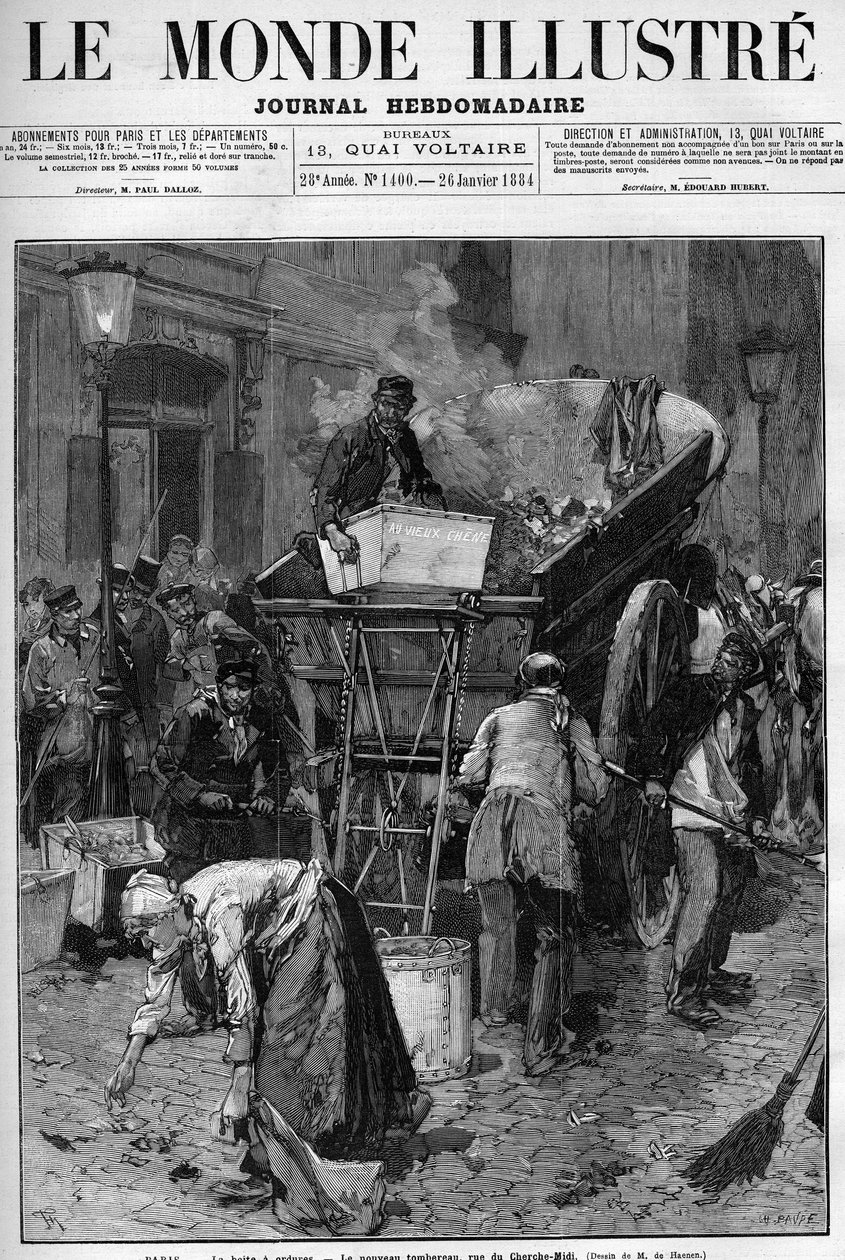 Søppelkasse, den nye lastebilen rue du Cherche Midi (Cherche-Midi) i Paris. Menn og kvinner plukker opp avfall på en gate i Paris for å legge det i en vogn, og dermed rydde opp i livet. Gravering i "" Le Monde Illustré"" av Unknown artist