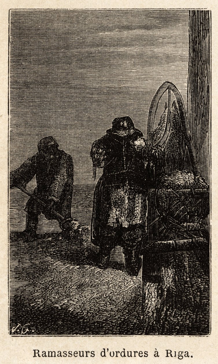 Søppelplukkere i Riga. Tegning av Henriet, for å illustrere hans reise til de russiske baltiske provinsene i 1851-54. Gravering i "" Le tour du monde"", redigert av Edouard Charton av Unknown artist