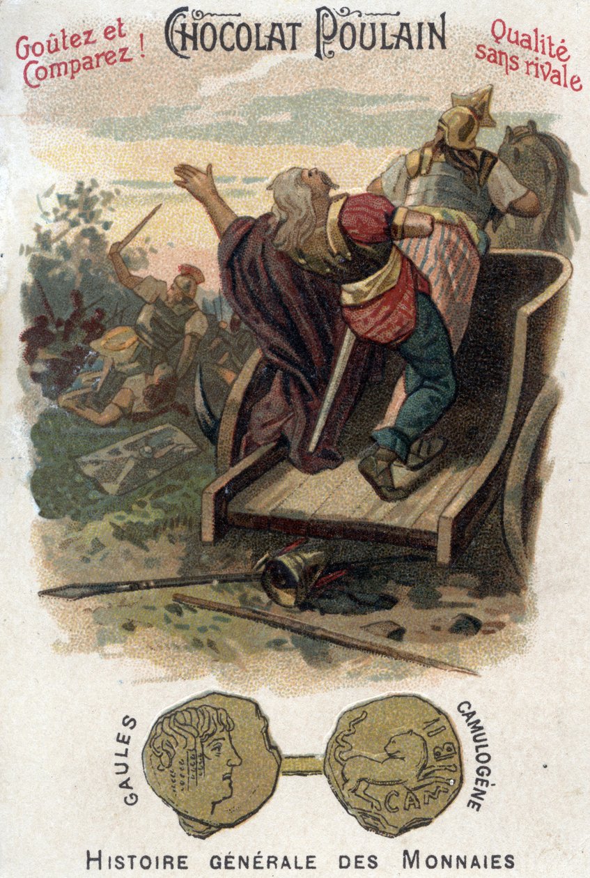 Gallerne Aulerque: Slaget ved Lutece mellom Camulogene og Labienus i 53 f.Kr. I generell mynthistorie. Sjokolade-føllkromolitografi fra slutten av 1800-tallet. Privat samling. av Unknown artist