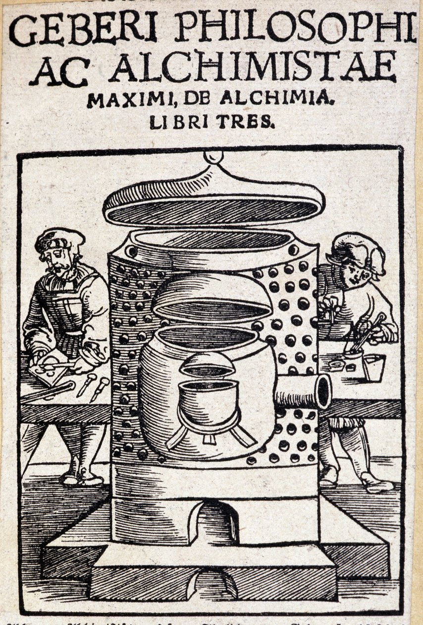 Geberi philosophi ac alchimistae tittelside til en alkymiavtale. Geber (v721-v815), arabisk alkymist av Unknown artist