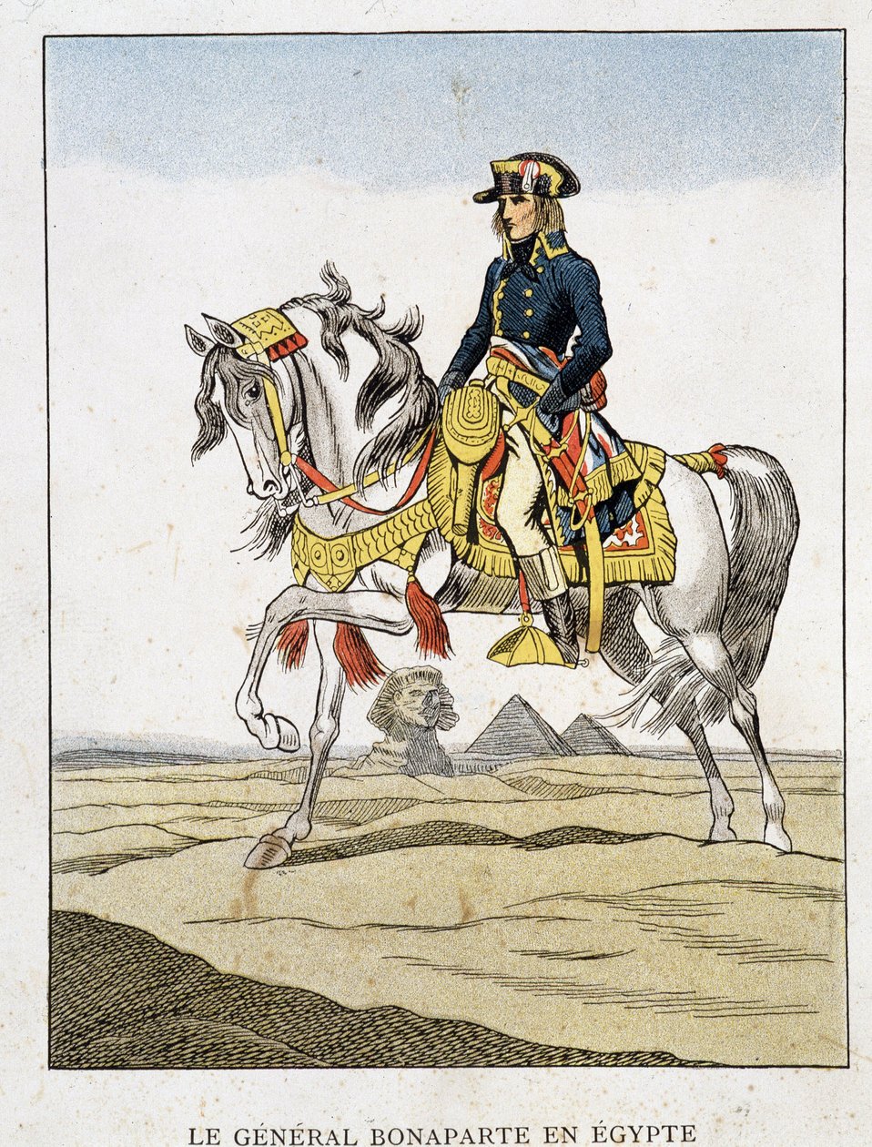 General Bonaparte i Egypt, et portrett som rir foran pyramidene og sfinxen. av Unknown artist