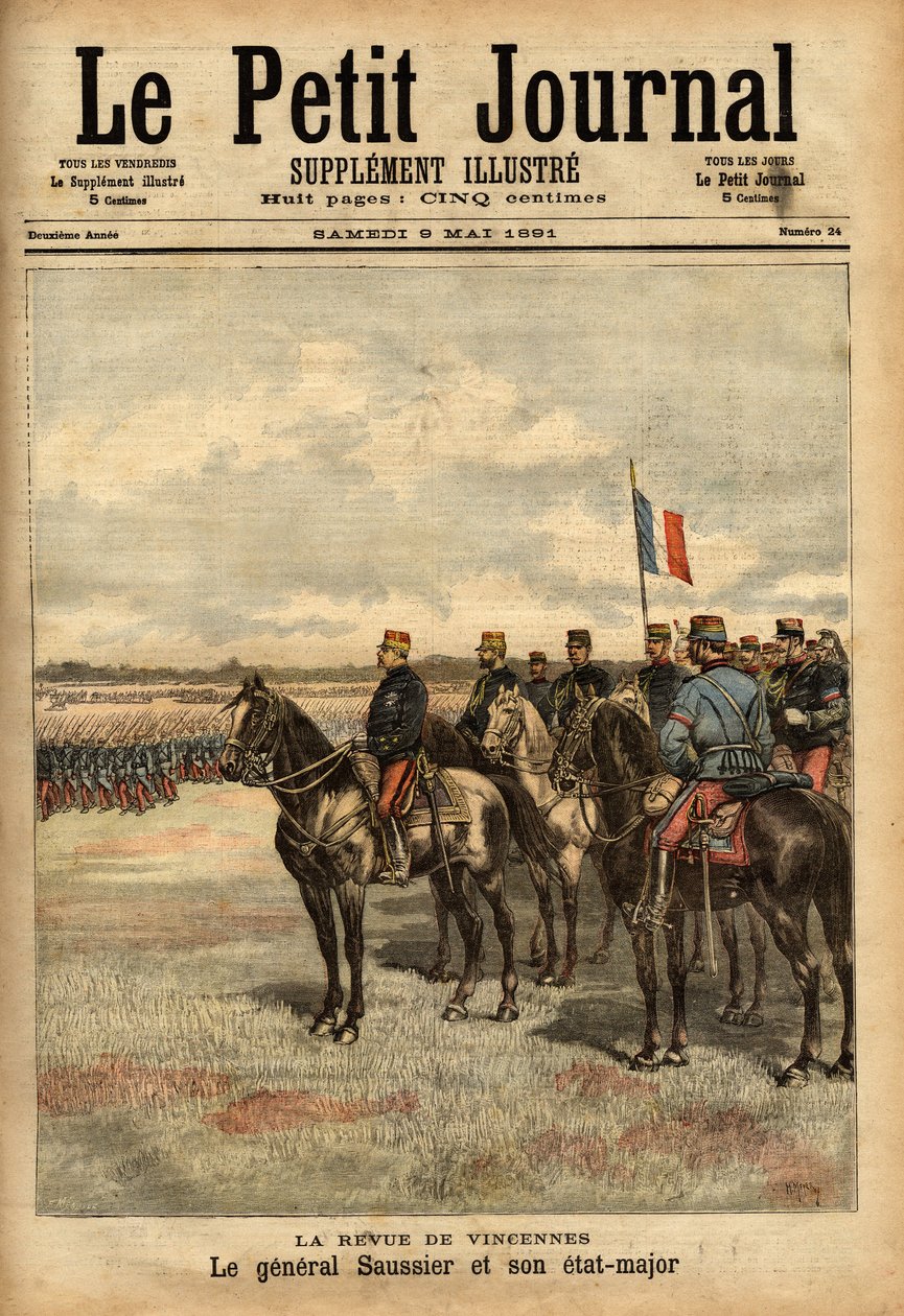 General Felix Gustave (Felix-Gustave) Saussier (1828-1905) og hans stab gjennomgikk troppene ved Vincennes. Gravering i "" Le petit journal illustrious"" 09/05/1891. Selvas samling. av Unknown artist