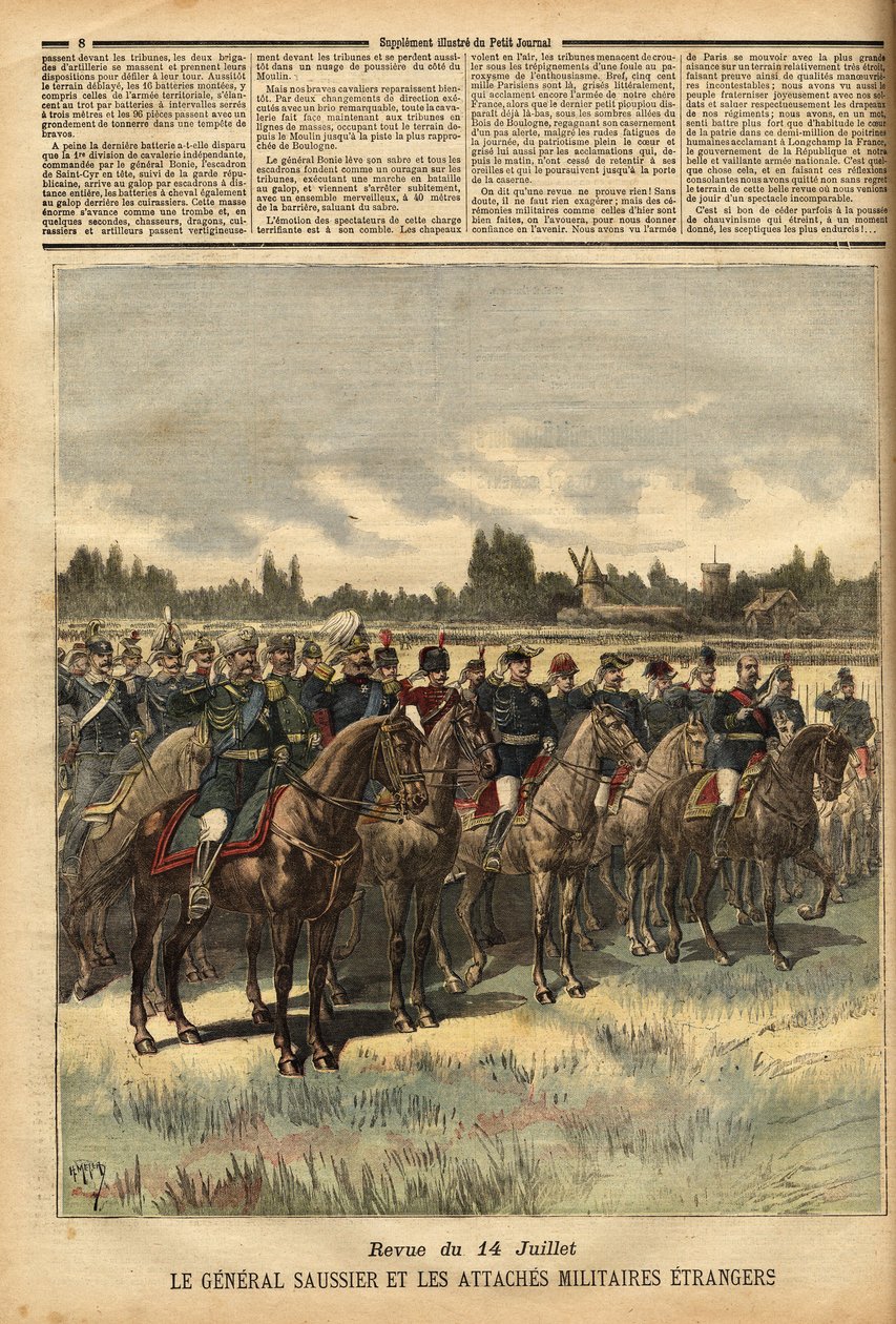 General Felix Gustave (Felix-Gustave) Saussier (1828-1905), militærguvernør i Paris siden 1884, omringet utenlandske militære bånd, gjennomgikk troppene under køen 14. juli 1891 på sletten Bois de Boulogne. Gravering i "" Le petit journ av Unknown artist