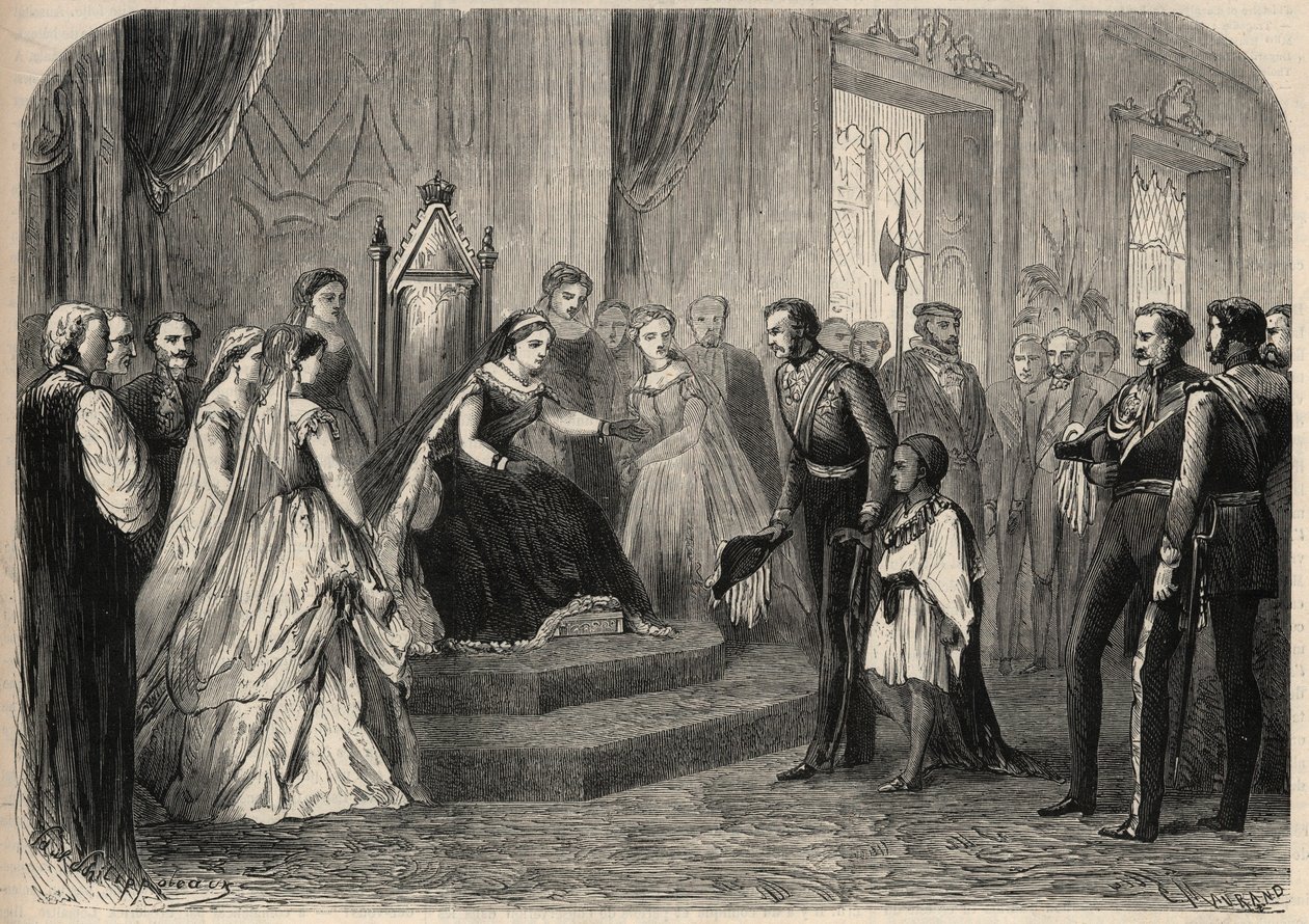 General Robert Cornelis (Cornelius) Napier (1810-1890) introduserte Leul Alemayehou Tewodros (1861-1879), sønn av den etiopiske negus Theodoros II (Tewodros), for dronning Victoria Iere (1819-1901). Gravering i "The Illustrious Universe" av Unknown artist