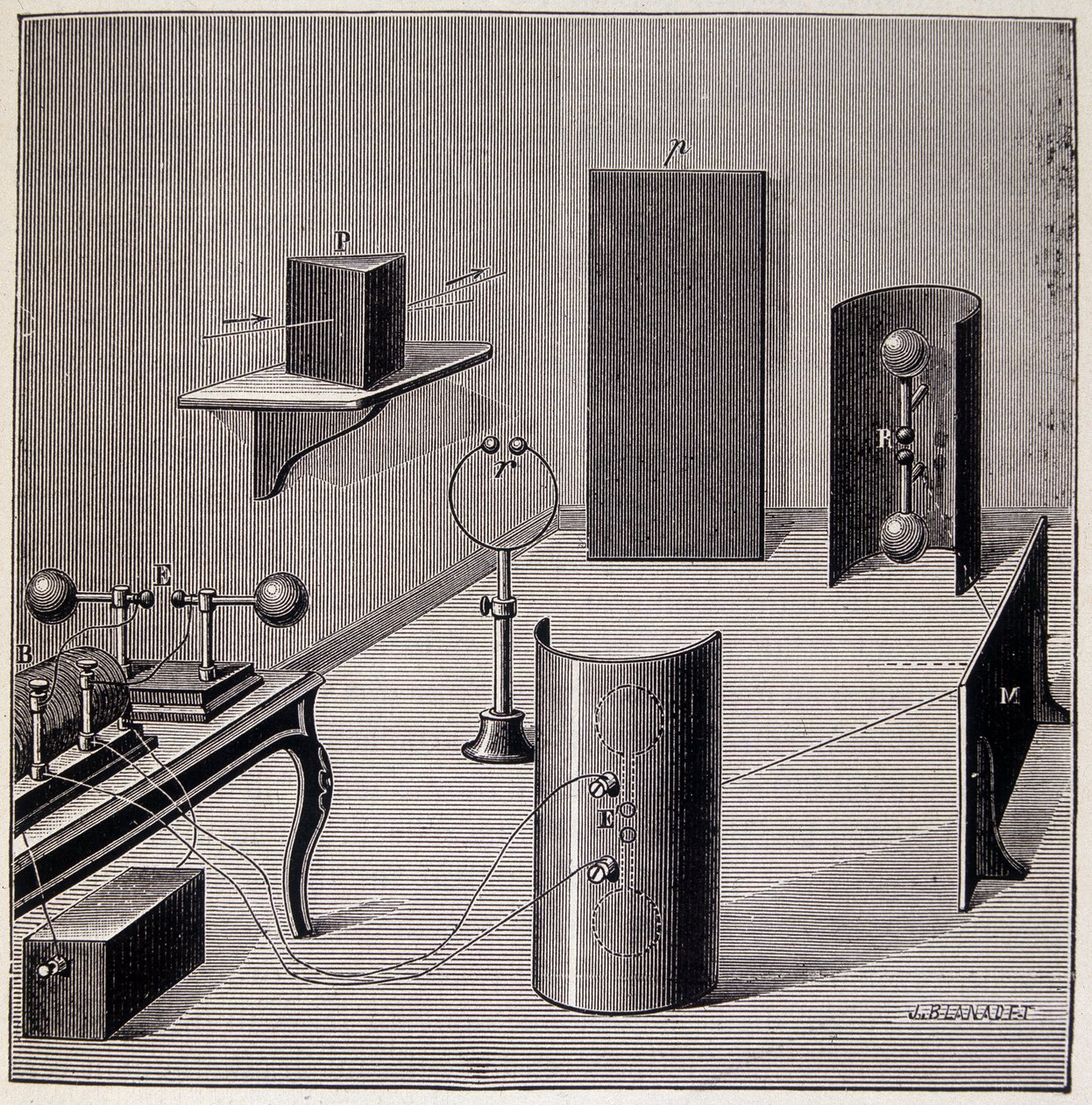 Generell layout av eksperimentene til Heinrich Hertz (1857-1894) på elektriske bølger - i "" Physique populaire" av Emile Desbeaux, Flammarion av Unknown artist