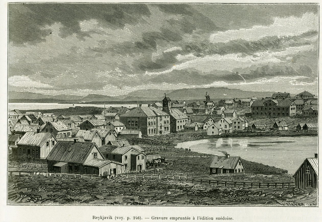 Generell utsikt over Reykjavik. Gravering for å illustrere historien Den nye ekspedisjonen til professor Nils Adolf Erik (Eric) Baron Nordenskjold (Nordenskiold) (1832-1901) på Grønland, av Charles Rabot, i tour du monde 1886, under ledelse av Edouard Char av Unknown artist