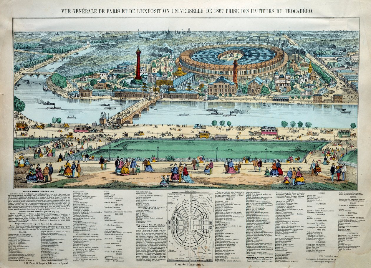 Generell oversikt over verdensutstillingen i 1867 i Paris. Nederst: parken til militærskolen til Champ de Mars. Gravering Paris, Musee Carnavalet av Unknown artist