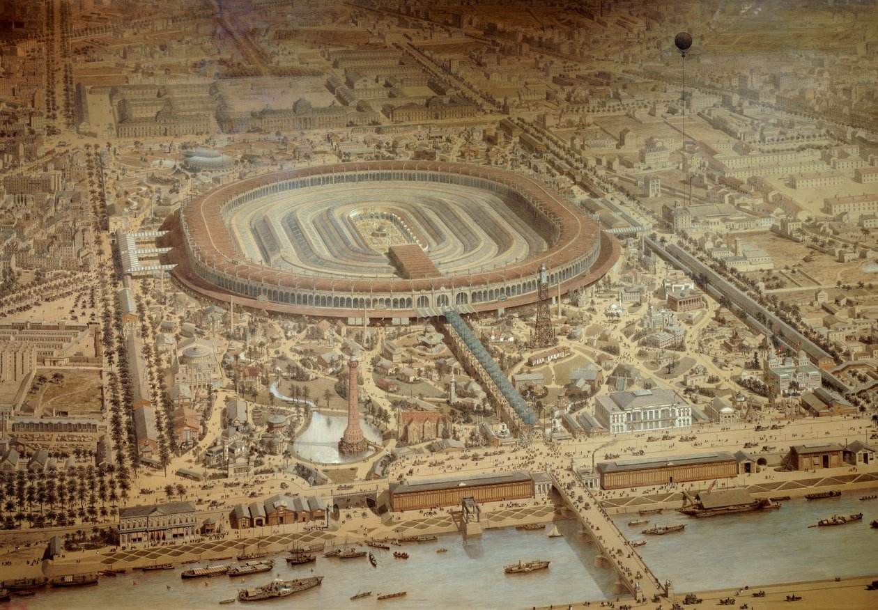 Generell oversikt over verdensutstillingen i 1867 i Paris. I sentrum av militærskolen til Champ de Mars. Gravering Paris, Musee Carnavalet av Unknown artist