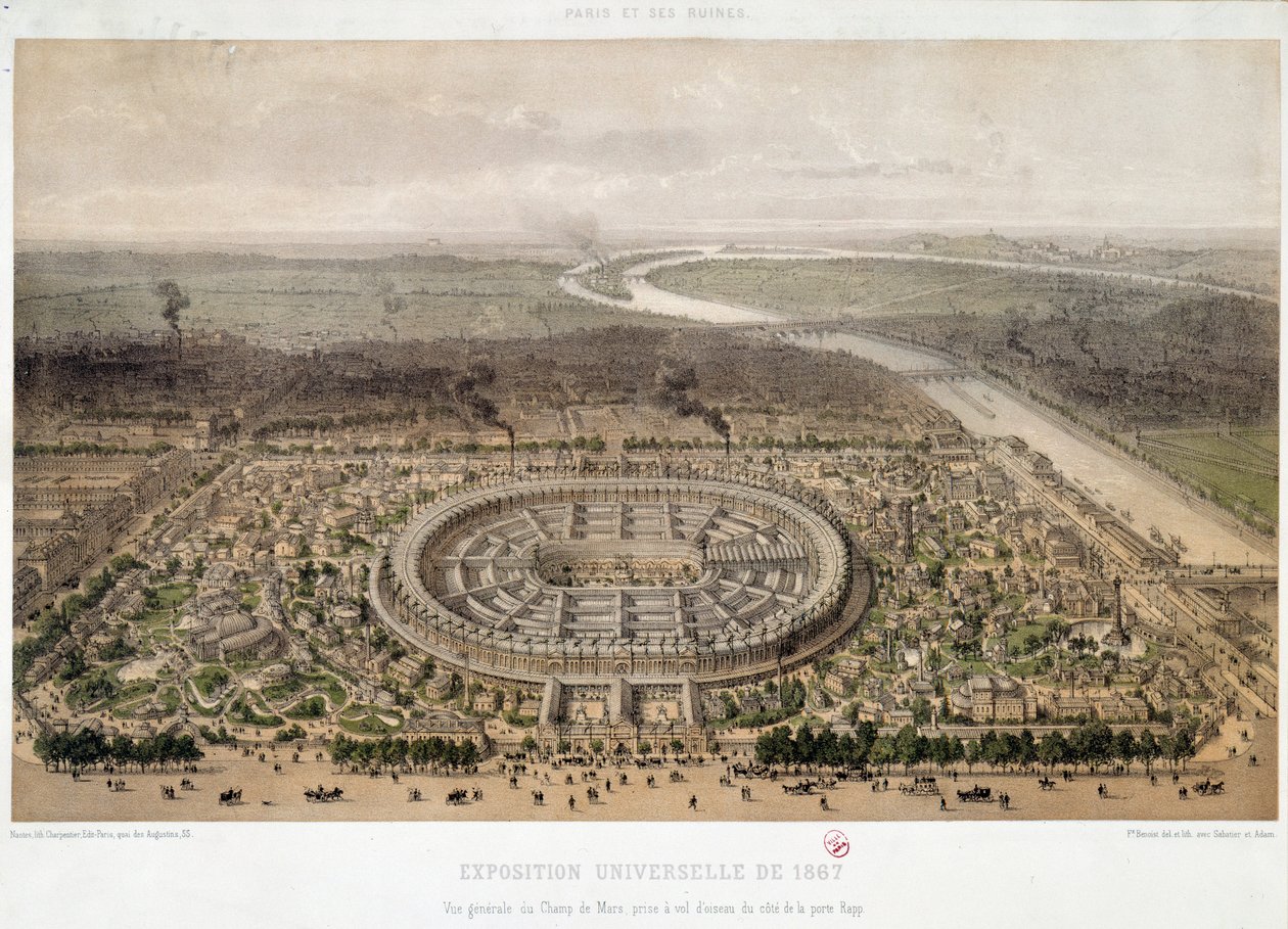 Generell oversikt over verdensutstillingen i 1867 tatt fra Trocadero i Paris: Champ de Mars og broen til Iena som krysser Seinen. Litografi fra 1800-tallet. Paris, Musee d
