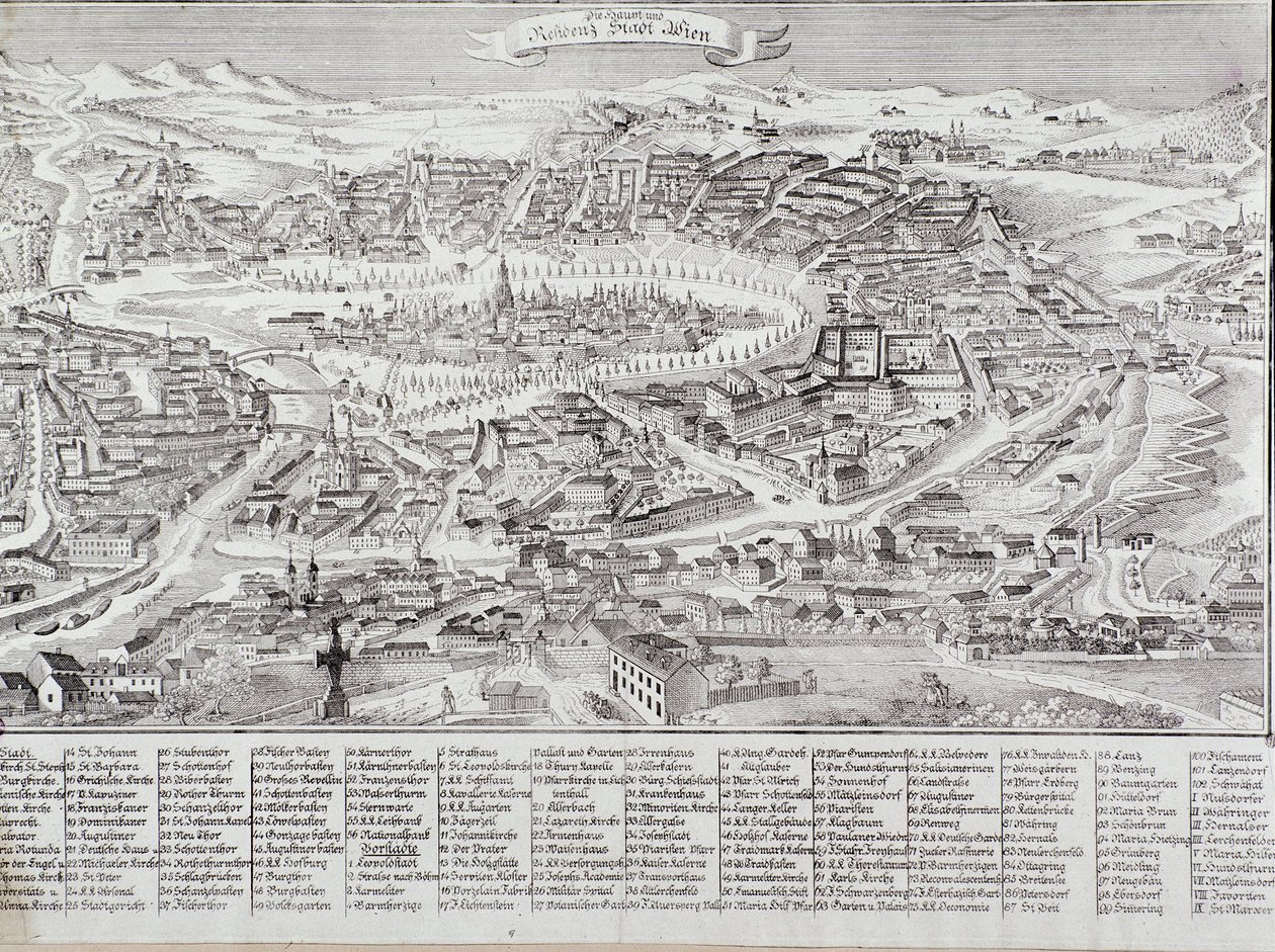 Generell utsikt over byen Wien med detaljer om hovedbygningene og monumentene. Østerrike Gravering fra 1800 privatsamling av Unknown artist