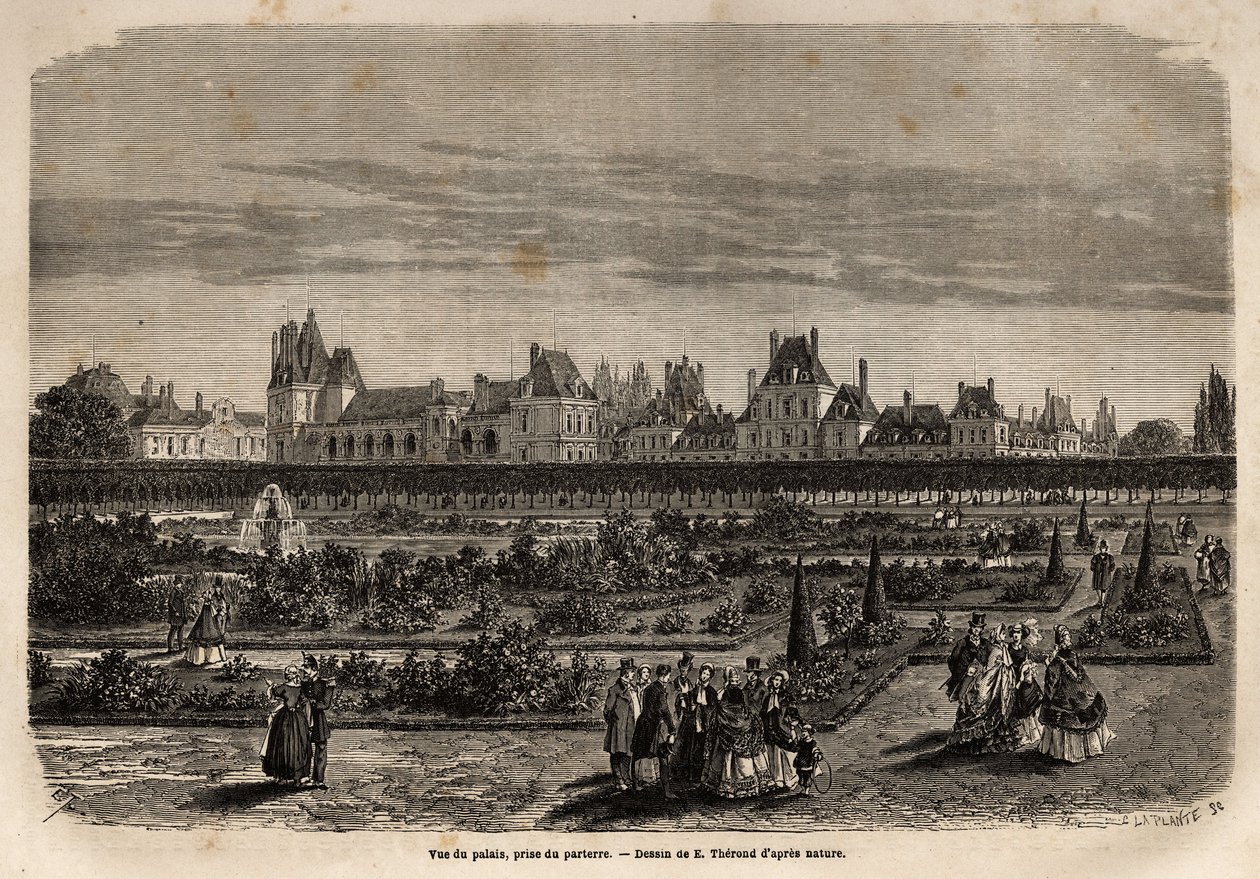 Generell utsikt over palasset og hagen til Fontainebleau, tatt fra gulvet. Gravering for å illustrere en beskrivelse av slottet og skogen i Fontainebleau, i 1867, av M.Pays, i "Le tour du monde, nouveau journal des voyages"" publisert under dire av Unknown artist