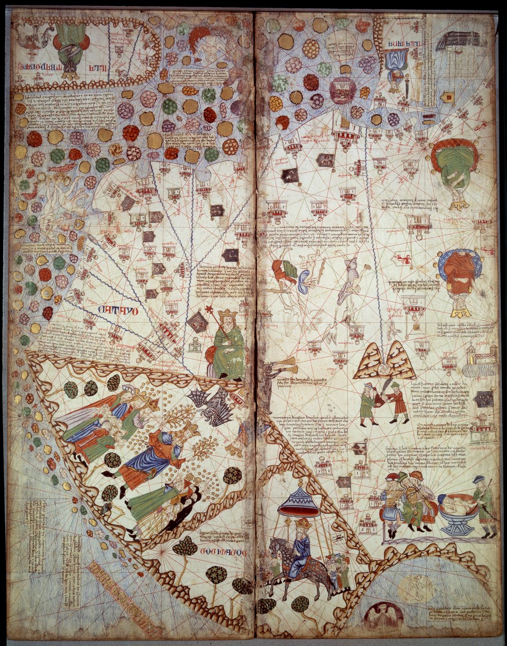 Geografisk kart: Kina, Ganges Valley, Sumatra, Ceylan. Catalan Atlas (katalansk kart) (Spania). Manuskript av 1375 (Folio 2v - folio 3) av Abraham Cresques. BN, Paris av Unknown artist