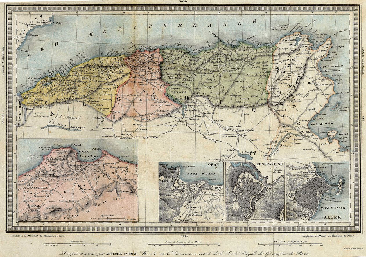 Geografisk kart over Algerie og detaljer om provinsene Alger, Oran og Konstantin, realisert av Amboise Tardieu av Unknown artist