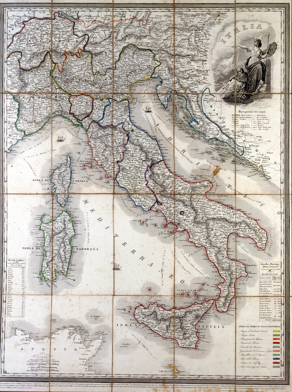 Geografisk kart over Italia i 1850 med avgrensning av grensene til de forskjellige statene som utgjorde landet før Risorgimento. av Unknown artist