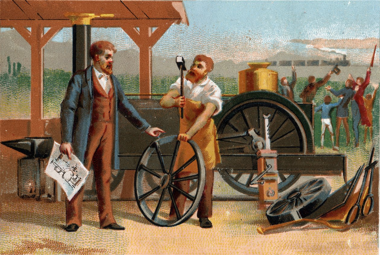 George Stephenson (1781-1848) representerte med en av sine oppfinnelser: lokomotivet. Sen kromolitografi på 1800-tallet. av Unknown artist