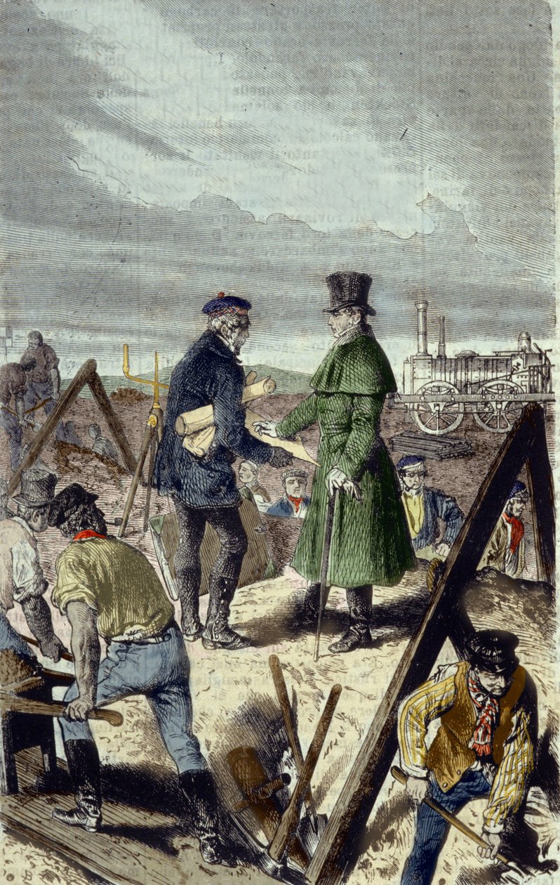 Georges Stephenson (1781-1848), engelsk ingeniør, byggherre av Liverpool Manchester Road med sitt første lokomotiv. av Unknown artist