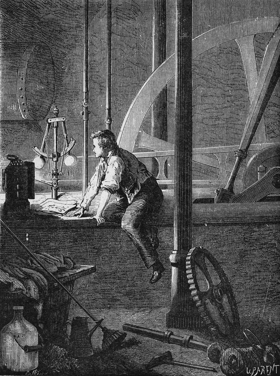 Georges Stephenson, en sjåførarbeider i Newcastle, demonterer og reparerer dampmaskinen hans. I” Album de la Science”, Éditions Jouvet av Unknown artist