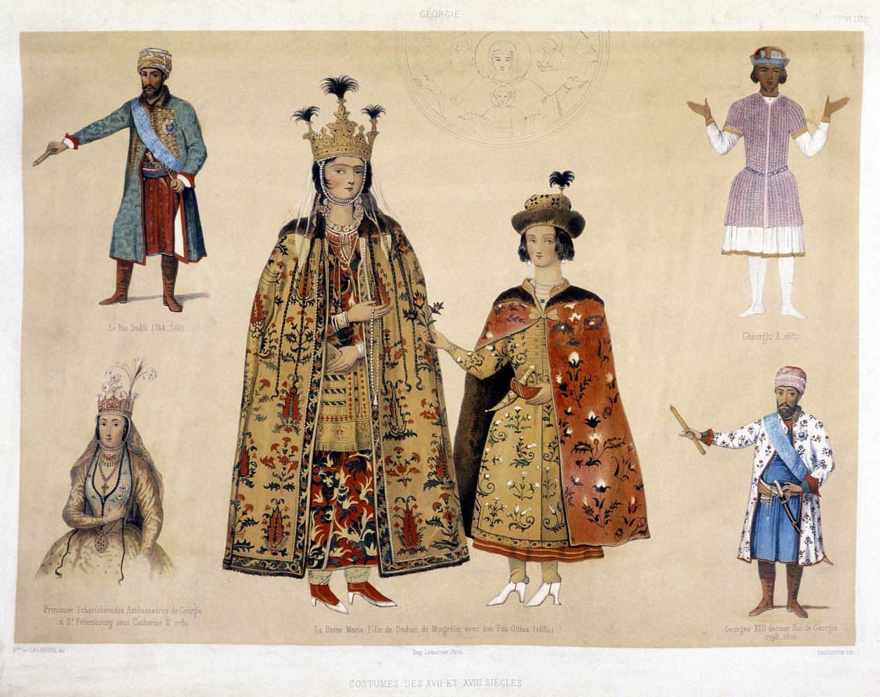 Georgiansk kostymetavle på 1500- og 1600-tallet: Kong Irakli (1744 - 1798), Gheorghi X (1687), prinsesse Chartchevadze (ambassadør av Georgia til St. Petersburg under Katarina II 1780), dronning Mary (datter av Dadian av Mingrelie med henne sønn Otthia 1 av Unknown artist