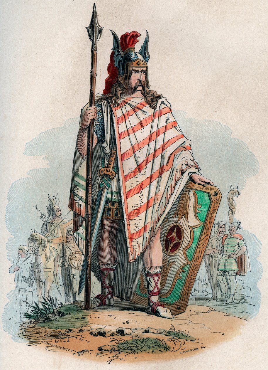 Germain-høvding (de tyske barbarene). Gravering fra 1868 i «Histoire de Belgique fra primitiv tid til slutten av regne av Leopold I»» av Theodore Juste (1818-1888). Privat samling. av Unknown artist