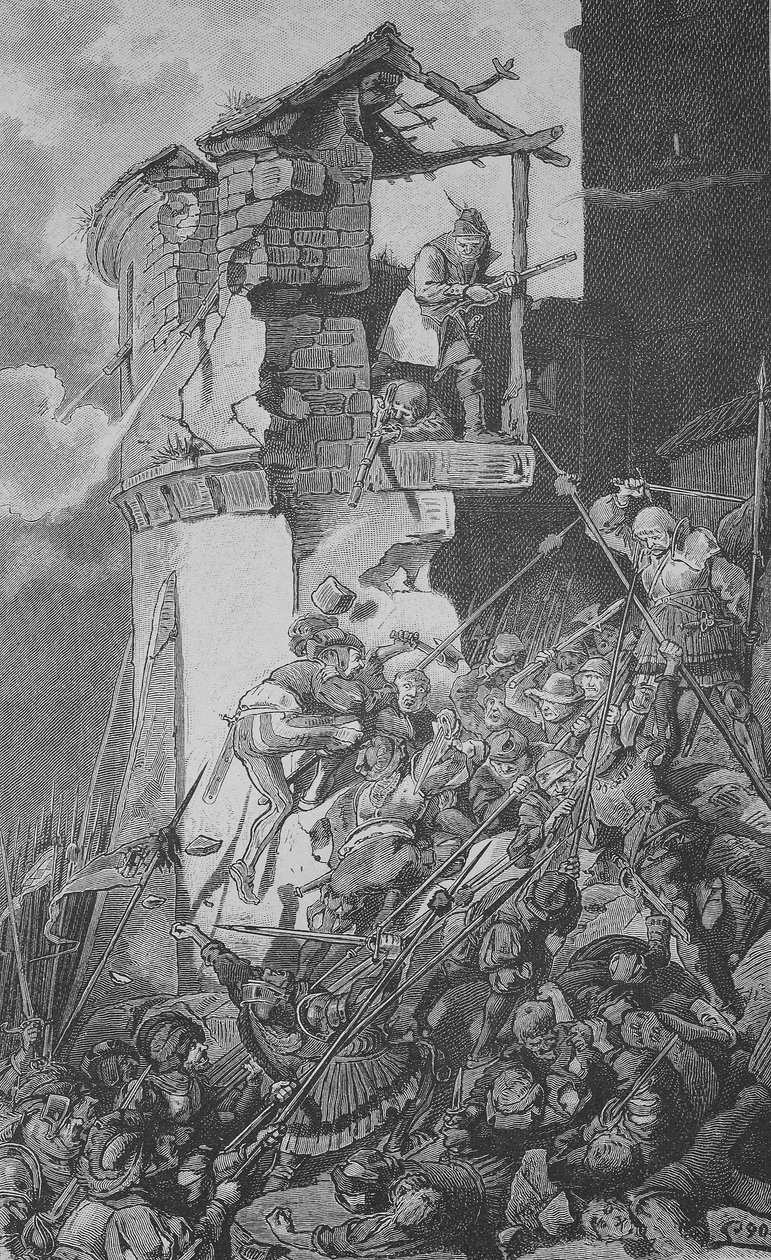 Den tyske bondekrigen (1524-1526): Ødeleggelse fra Murrhardt, en liten by i Rems-Murr-Kreis, omtrent 40 km nordøst for Stuttgart i hjertet av Schwabenskogen av Unknown artist