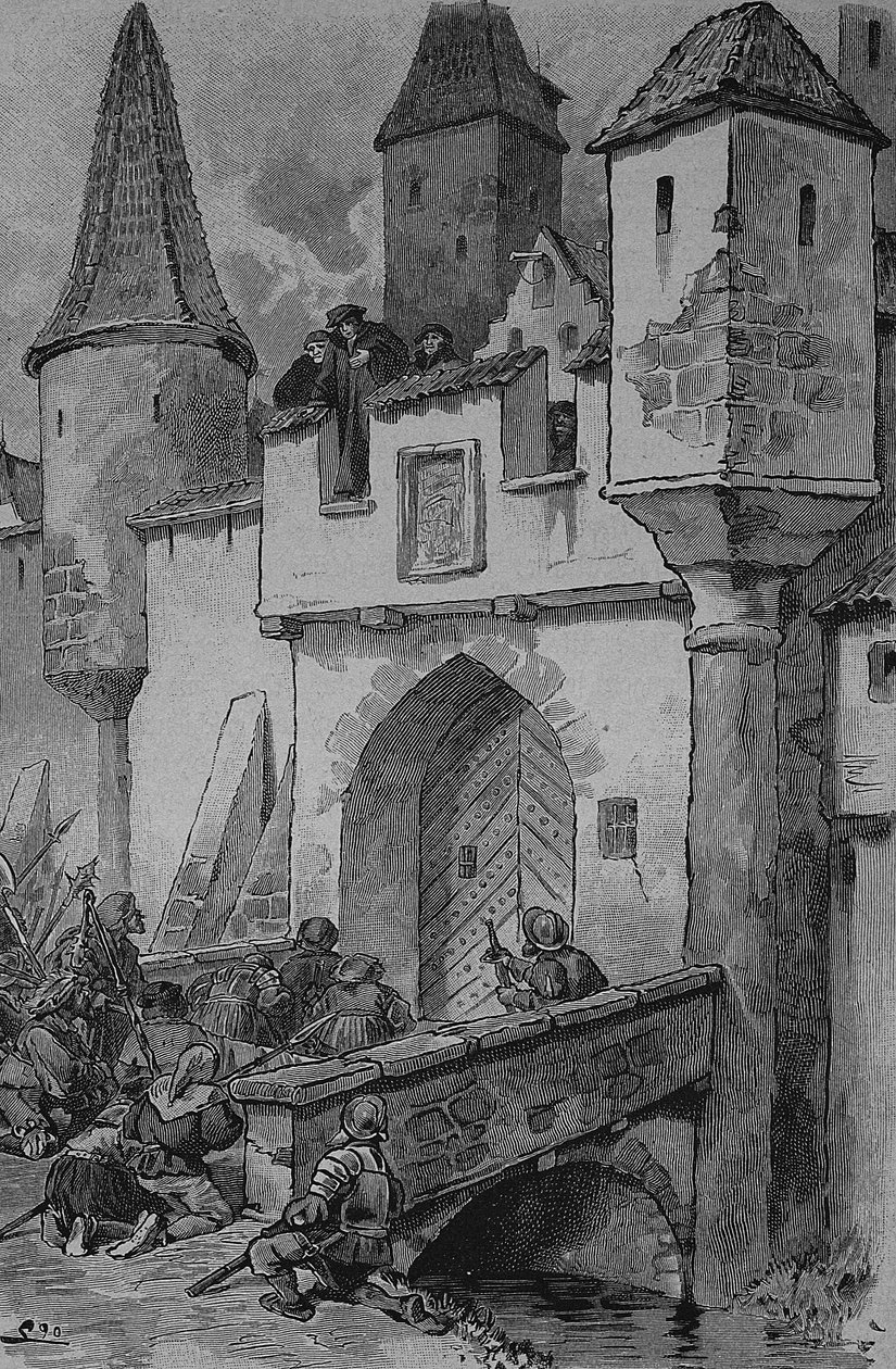 Tysk bondekrig (1524-1526): Eberlin travle byfolk ved Augstbruecke til Erfurt, Johann Eberlin Gunzburg var en tysk teolog og sosial reformator, reformasjon i Franken av Unknown artist