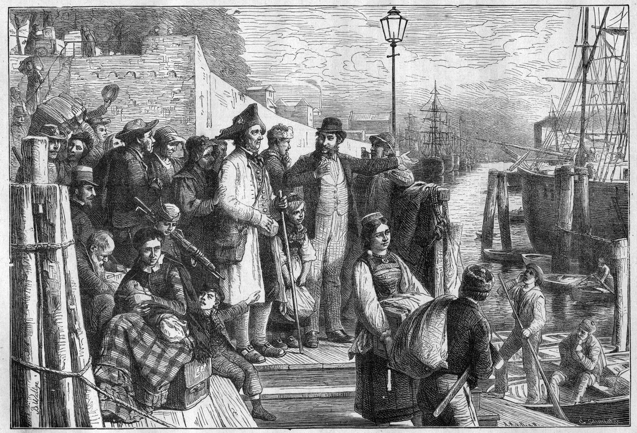 Tyske emigranter for New York tok fatt på Hamburg-damperen i 1874, gravering - (Deutsche Emigranten) av Unknown artist