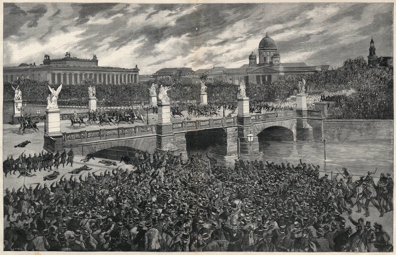 Tyske arbeidere, som gjør opprør i Berlin, blir ryddet vekk av politiet for å tillate passering av Kaiser Wilhelm av Unknown artist