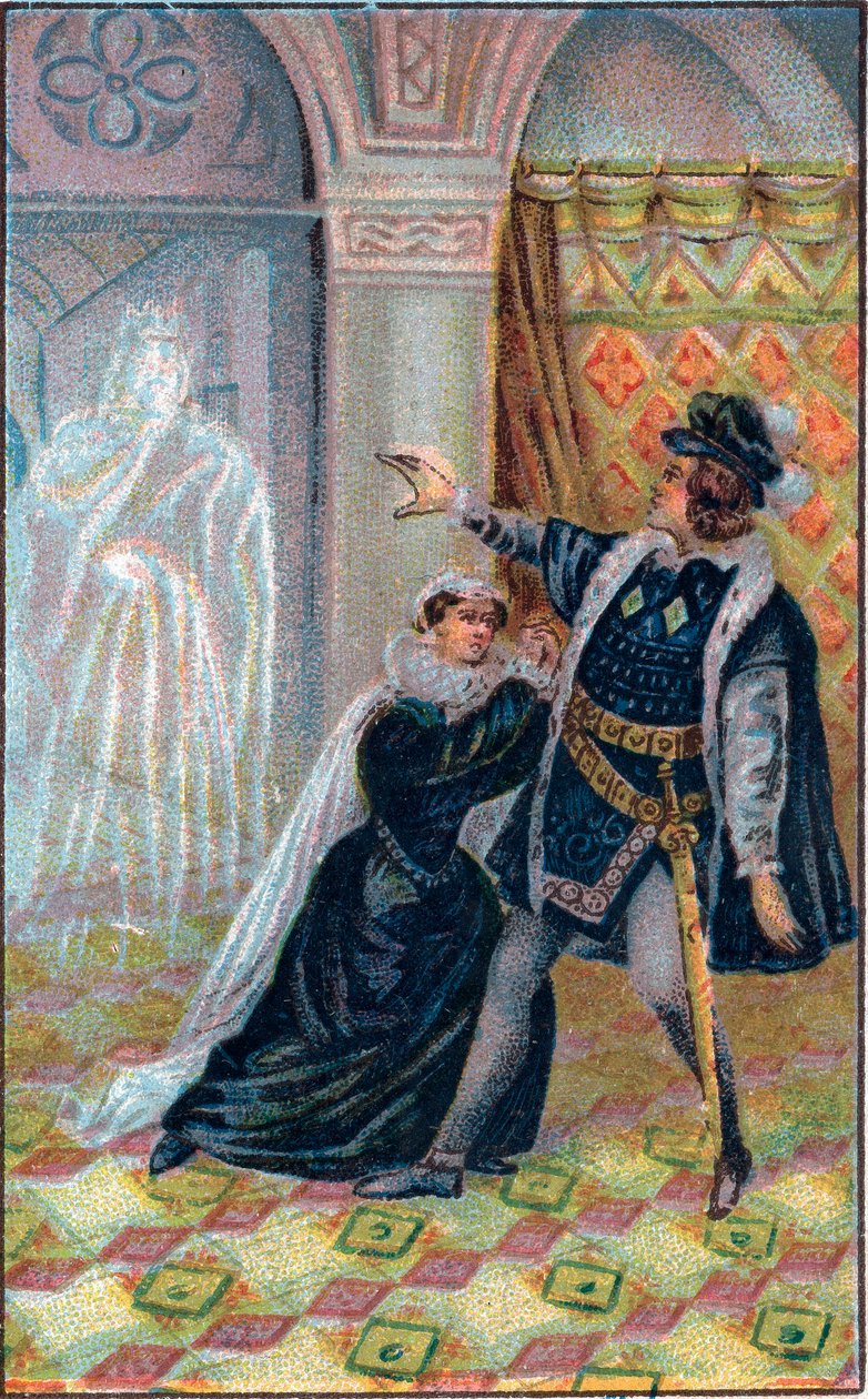 Gertrude, Hamlet og spøkelset til Hamlets far. I "" Hamlet", av William Shakespeare. Kromolitografi fra slutten av 1800-tallet. av Unknown artist