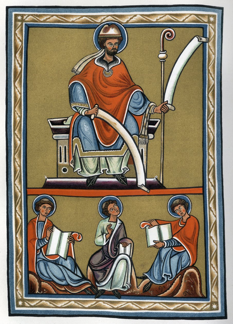 Gilbert de la Porree (Porretanus, skolastisk teolog) og hans disipler, Jourdain Fantosme, Yves de Chartres og Jean Beleth. Faksimile fra 1800-tallet av en miniatyr fra 1100-tallet i "" Commentary on the De Trinitate de Boece"" (Boezio). av Unknown artist