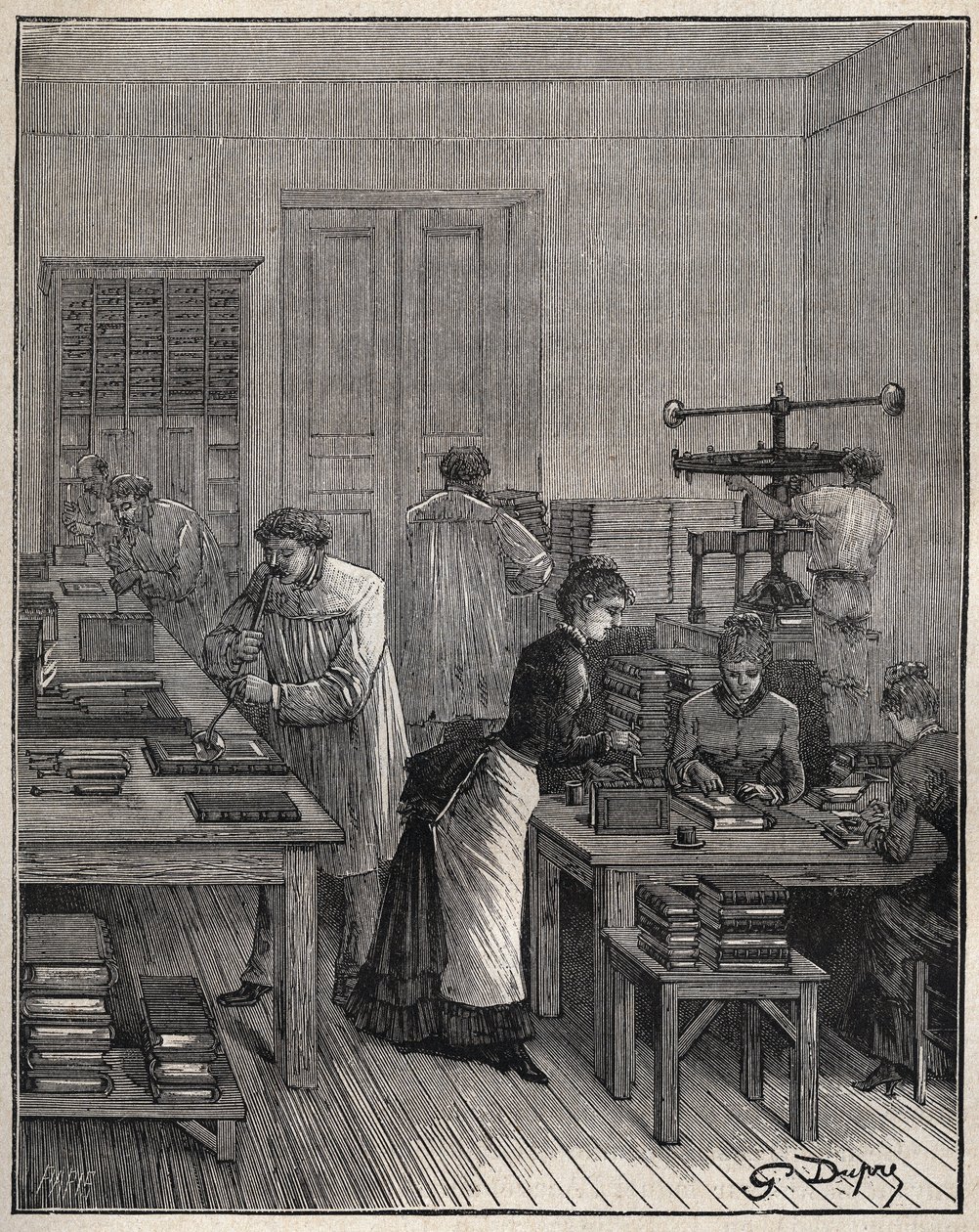 Forgylling av bøker (omslag) i jern i et verksted i Frankrike på 1800-tallet. Gravering fra 1885 i "" Les arts et metiers illustres"" av Adolphe BITARD. av Unknown artist