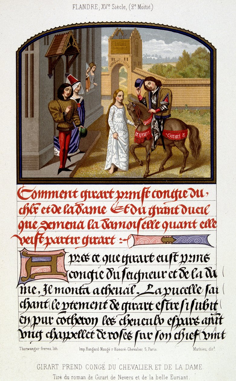 Girart tar avskjed med ridderen og damen - faksimile av belysning fra 1400-tallet av Unknown artist