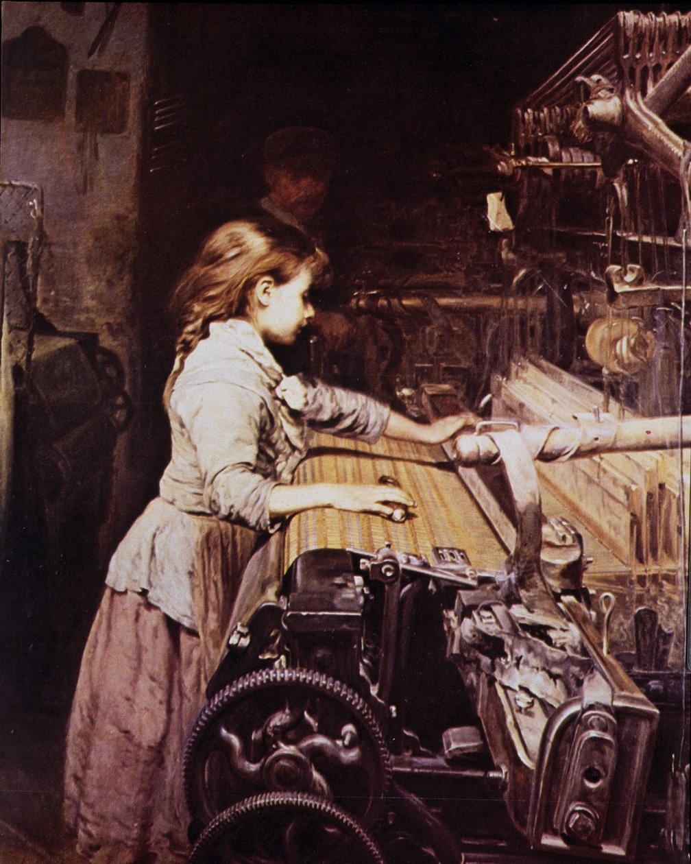 Jente som jobber i en mekanisk spinning, sent på 1800-tallet av Unknown artist