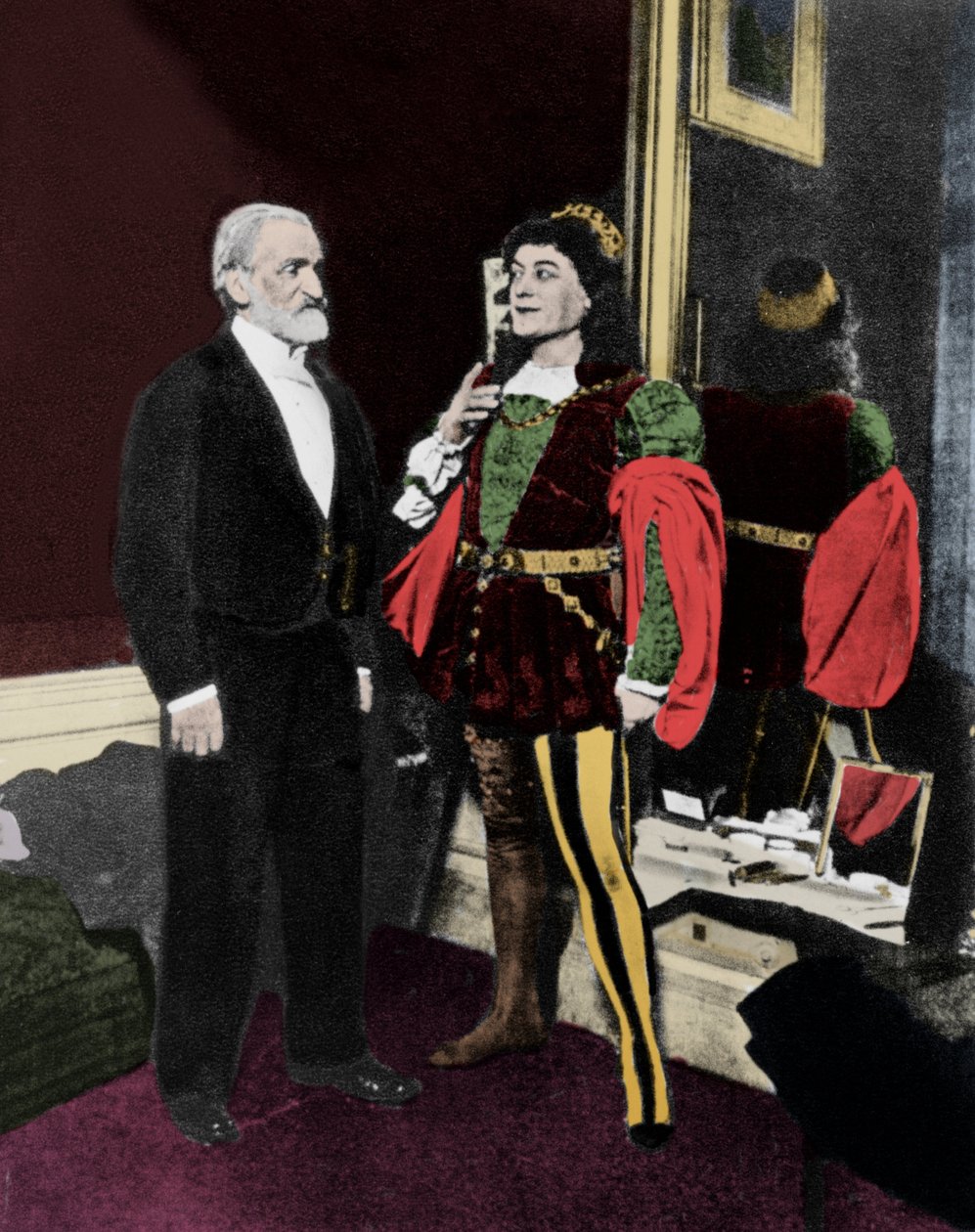 Giuseppe Verdi og Victor Maurel (i Iago) i februar 1887 på Scala i Milano etter premieren på Otello. av Unknown artist